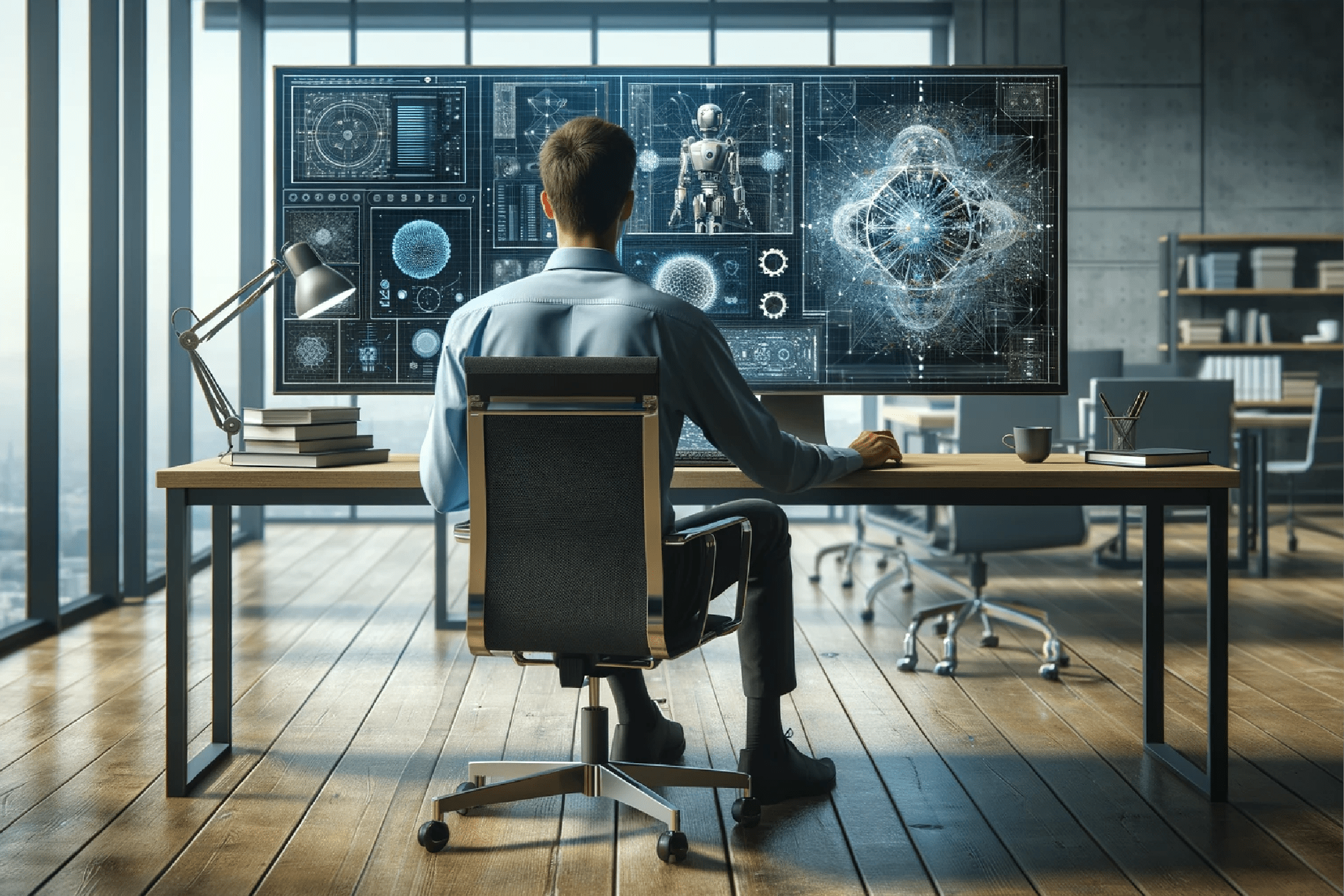 Engineer working on AI software for mechanical engineering in a modern office