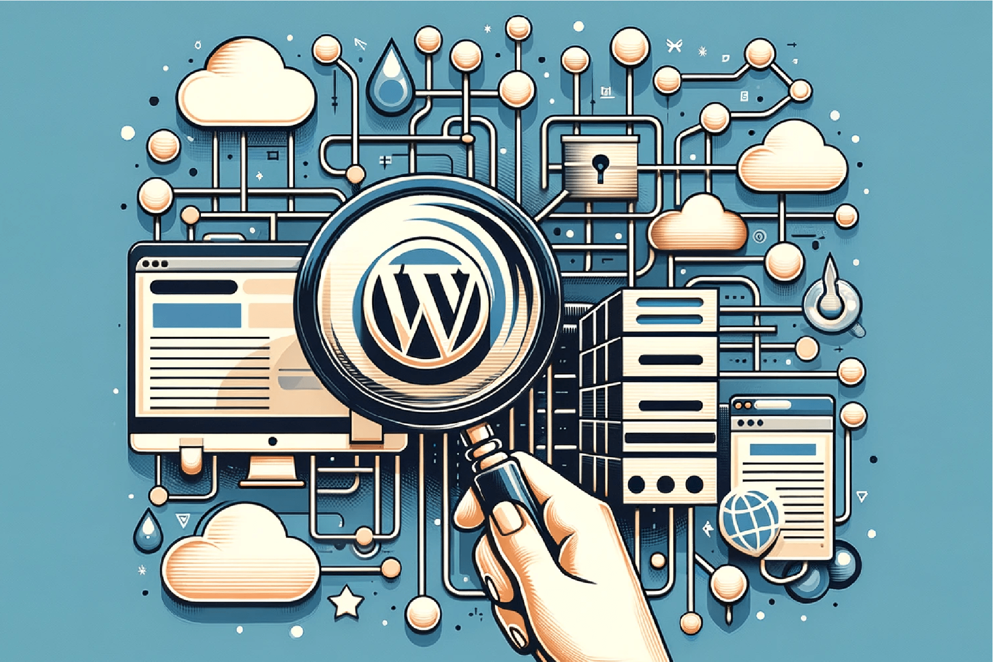 Abstract concept of choosing a web hosting provider with magnifying glass and WordPress elements