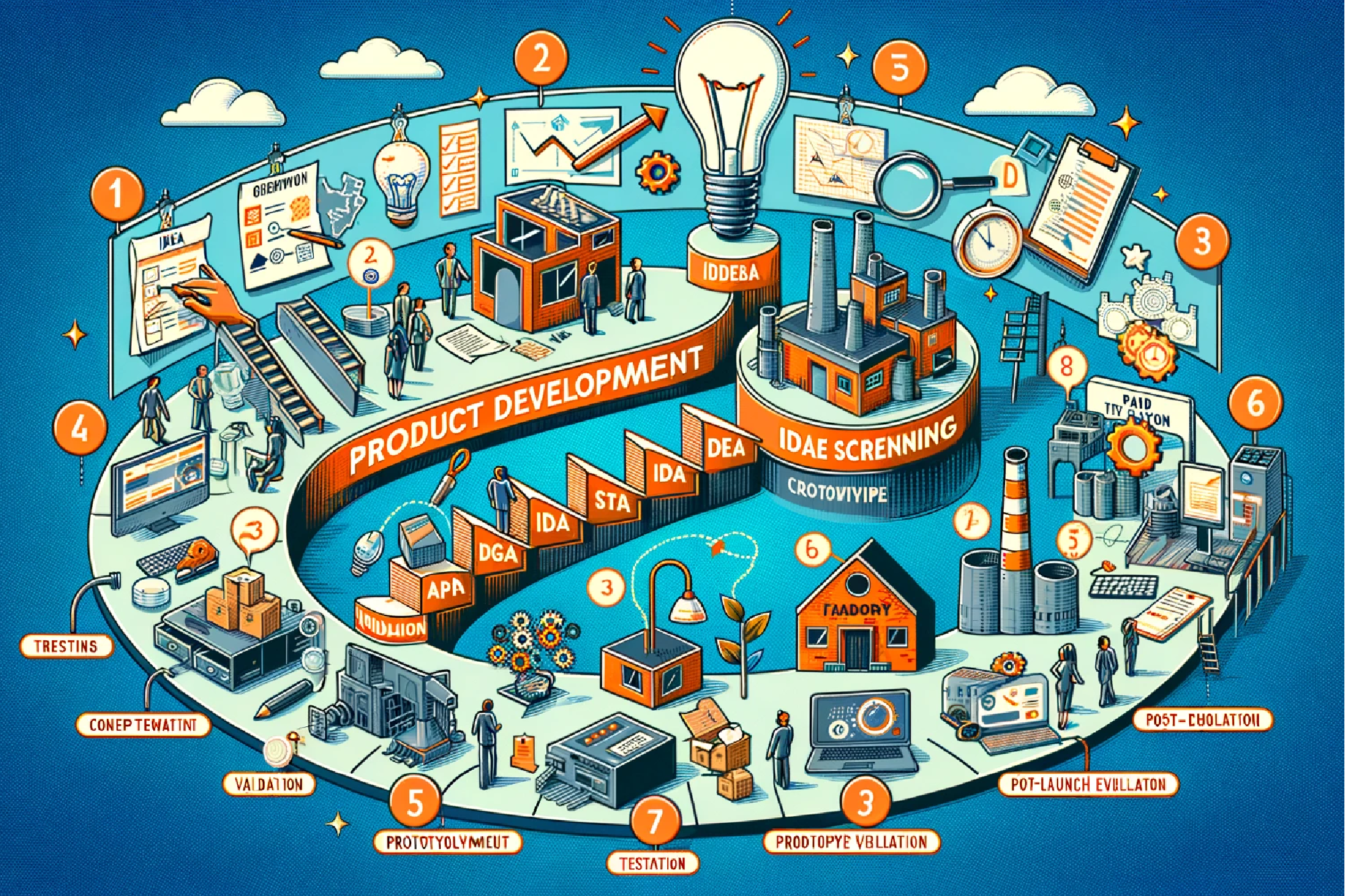 Sequential stages of product development from initial idea to final product
