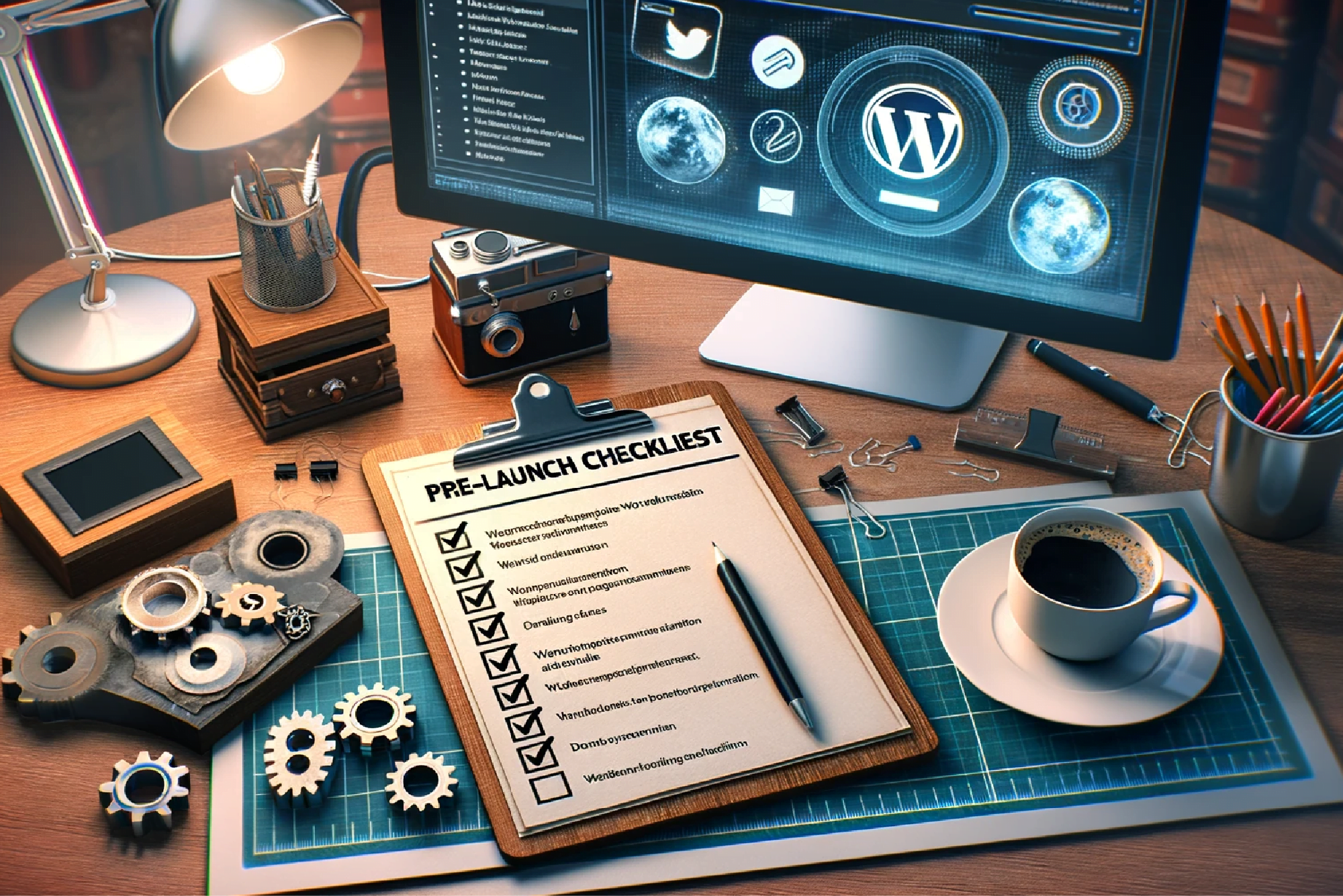 Pre-launch checklist for WordPress on clipboard with computer and development icons